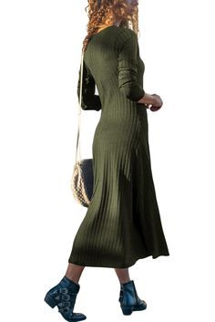 Army Green Button Front Long Sleeve Ribbed Midi Dress Full Sleeves Dress, Ribbed Maxi Dress, Short Sleeve Maxi Dresses, Ribbed Midi Dress, Green Long Sleeve, Green Button, Dresses By Length, Maxi Knit Dress, Women Maxi