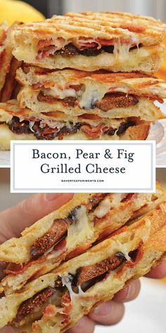 bacon, pea and fig grilled cheese sandwich is stacked on top of each other