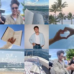 a collage of photos with people making heart signs and reading books on the beach