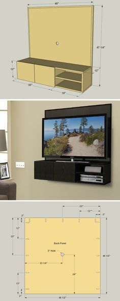 three different views of a flat screen tv mounted on a wall