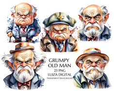 an old man with different facial expressions on his face and in various poses, including the head