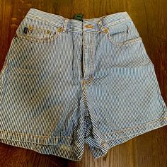 Gorgeous Vintage Pinstripe Denim Shorts - 100% Cotton Ralph Lauren Cotton Shorts, Striped Denim Shorts For Spring, Casual Summer Jeans With Vertical Stripes, Casual Vertical Striped Jeans For Summer, Spring Striped Jean Shorts, Striped Jean Shorts For Spring, Casual Striped Denim Shorts, Striped Cotton Jean Shorts For Spring, Casual Striped Denim Jean Shorts