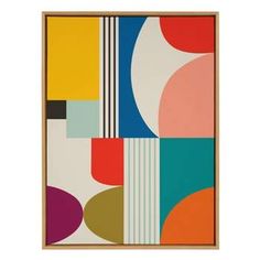 an abstract painting with circles and lines on the bottom half of it, in a wooden frame