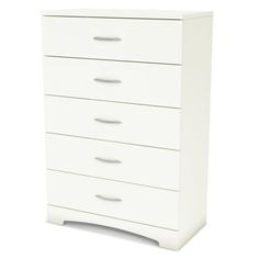 a white dresser with five drawers on it