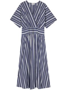 navy blue/white cotton blend multi-way stripe pattern gathered detailing V-neck off-centre front button fastening short sleeves fitted waistline flared skirt straight hem unlined mid-length Skirt Straight, Midi Dress Blue, Blue Midi Dress, Flared Skirt, Flare Skirt, Stripes Pattern, Mid Length, White Cotton, Size Clothing