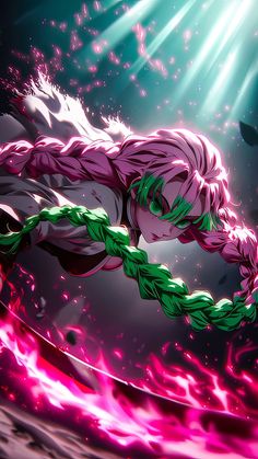 an anime character with pink hair and green braids in the air, surrounded by fire