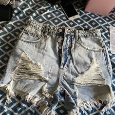 High Waist Jeans Shorts, Non Stretchy So It’s True To Size Spring Gray Ripped Bottoms, Gray Distressed Bottoms For Summer, Distressed Gray Bottoms For Summer, Summer Distressed Gray Bottoms, Ripped Short Bottoms For Day Out, Gray Cutoff Shorts For Summer, High Rise Gray Shorts For Summer, Gray High Rise Shorts For Summer, Gray High-rise Shorts For Summer