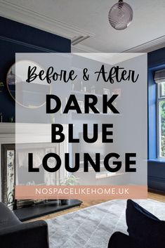 Dark blue lounge with fireplace and grey rug Dark Blue Reading Room, Sapphire Blue Living Room Decor, All Navy Living Room, Blue Sitting Room Decor, Dark Blue Sunroom, Navy Blue Lounge Room, Blue Sitting Room Walls, Small Living Room Blue Walls, Navy Blue Walls And Ceiling