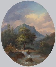 an oil painting of a mountain stream with trees and people in the water by it