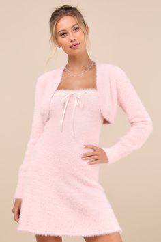 The Lulus Dynamic Sweetheart Pink Eyelash Knit Mini Dress & Shrug Set creates an OOTD that's twice as cute as everyone else's! Fuzzy eyelash knit shapes an elasticized straight neckline with cream-colored lacy trim and an adjustable ribbon drawstring that ties at the center. Strapless bodice continues into a fit-and-flare silhouette that ends at an adorable mini hem. The included, matching shrug sweater features an open-front design, long sleeves, and ribbed knit that accents the neck, hem, and Dress Shrug, Pink Long Sleeve Dress, Shrug For Dresses, Straight Neckline, Strapless Mini Dress, Knit Mini Dress, Shrug Sweater, Front Design, Fit And Flare