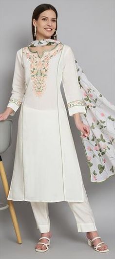 White and Off White color Salwar Kameez in Blended fabric with Embroidered, Printed work Designer White Churidar With Floral Embroidery, White Churidar With Floral Embroidery For Designer Occasions, White Churidar With Floral Embroidery For Designer Wear, White Floral Embroidered Churidar For Designer Wear, White Churidar With Floral Embroidery For Eid, White Embroidered Churidar For Spring, Embroidered White Churidar For Spring, Unstitched White Traditional Wear For Spring, White Churidar For Spring Festive Occasions