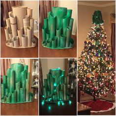 the christmas tree is made out of rolls of toilet paper and wrapped in green wrapping