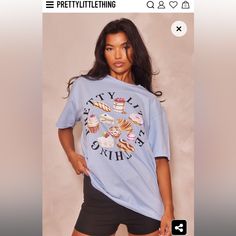 Level Up Your Off-Duty Wardrobe With This Prettylittlething Baby Blue Dessert Print Oversized T Shirt. Brought To You In A Baby Blue Material With A Dessert Print And An Oversized Fit, How Could You Say No? Whether It's A Chilled Day At Home Or You're Running Your Everyday Errands This T Shirt Is The One For You. Level Up The Look And Add Shorts, Box-Fresh Kicks And Your Everyday Essentials For The Ultimate Combo. Length Approx 74cm/29" (Based On A Sample Size S) Model Wears Size S Model Height Cute Blue T-shirt For Loungewear, Blue Tee Shirt Outfit, Cute Oversized T-shirt For Loungewear, Blue Tops With Funny Print For Streetwear, Funny Print Blue Tops For Streetwear, Light Blue Graphic Print Top For Loungewear, Blue Graphic Print T-shirt For Loungewear, Oversized Cute Tops With Text Print, Cute Oversized Blue Tops