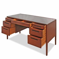 an office desk with three drawers on each side