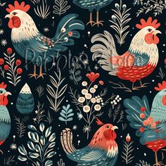 an illustration of roosters and flowers on a black background with red, white, and blue colors