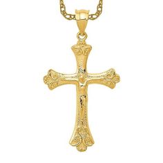 Introducing our 14k yellow gold Lord Jesus Christ crucifix holy cross necklace, perfect for both men and women. This religious-themed jewelry piece features a fleur de lis crucifix pendant that exudes elegance and sophistication. The yellow gold cross pendant is a timeless piece that can be worn every day or on special occasions. Our unisex religious necklace is a great gift for anyone who wants to show their faith in a stylish way. Shop now and add this Christian jewelry to your collection. Christian Crosses, Jesus Is Life, Holy Cross, Gold Cross Pendant, Christian Cross, Jewelry Lookbook, Christian Jewelry, Themed Jewelry, Gold Cross