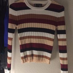 Cute Shirt! Never Worn Retro Striped Tops For Fall, White Retro Ribbed Tops, Retro White Ribbed Top, White Ribbed Retro Top, Striped Fitted Tops For Fall, Casual Striped Tops For Fall, Fitted Striped Tops For Fall, Multicolor Ribbed Long Sleeve Tops, Multicolor Ribbed Tops For Fall