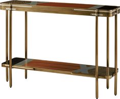 a gold console table with two shelves on one side and an abstract design on the other