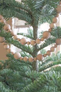 a close up of a christmas tree with balls on it