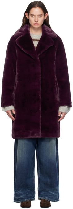 Cocoon-fit faux-fur coat. · Notched lapel · Concealed press-stud closure · Welt pockets · Dropped shoulders · Locker loop at inner collar · Zip pocket at interior · Full taffeta lining Supplier color: Dark plum Faux Fur Coat For Workwear In Mink Color, Faux Fur Mink Color Coat For Work, Stand Studio, Press Studs, Faux Fur Coat, Outerwear Coats, Outerwear Women, Welt Pockets, Welt Pocket