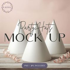 three white party hats with the words party hats mockup