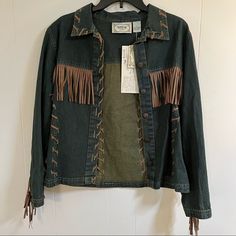 100% Cotton Never Worn Length: 24 In. Waist: 17 In. Bottom: 18 In. Diy Western Jean Jacket, Fall Cotton Denim Jacket With Fringe, Fringe Cotton Denim Jacket For Fall, Casual Medium Wash Outerwear With Fringe, Fall Fringe Cotton Denim Jacket, Fall Rodeo Denim Jacket In Medium Wash, Medium Wash Denim Jacket For Rodeo In Fall, Casual Cotton Outerwear With Fringe, Casual Medium Wash Denim Jacket With Fringe