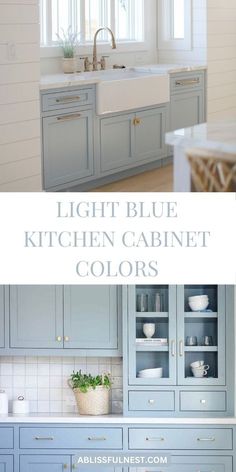 kitchen cabinets painted in light blue and white with text overlay that reads, light blue kitchen cabinet colors