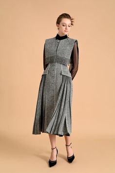 Anaya Fit and Flare Round Neck Tweed Midi Dress | MEAN BLVD Tweed Midi Dress, Cape Designs, Mean Blvd, Cape Style, Tweed Dress, Mesh Long Sleeve, Xl Dress, Flare Skirt, Pleated Dress