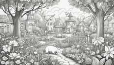 a black and white drawing of a pig in the middle of a flowery garden