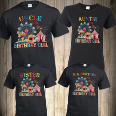 Circus Family Birthday Matching T Shirts THIS LISTING IS FOR ONE SHIRT ONLY DIRECT TO GARMENT PRINTING How to order: Select Size. Select Shirt Color. provide the following information Custom Name: (for Ex. Mommy, Daddy, Brother, Sister, Etc.) (Age will only appear on the birthday boy or girl shirt.) To order multiple shirts you will need to repeat this process and add it to your cart, then you can checkout all at the same time. We use first Quality T shirt pre-shrunk cotton. WE STRONGLY RECOMMEN Fun T-shirt For Father's Day Birthday, Fun Letter Print T-shirt For Birthday Gift, Black T-shirt For Birthday And Father's Day, Black T-shirt For Birthday Gift On Father's Day, Black T-shirt For Father's Day Birthday Gift, Black T-shirt With Name Print For Birthday Gift, Matching T Shirts, Circus Animals, Carnival Birthday