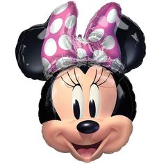 a minnie mouse balloon with a pink bow on it's head and polka dots