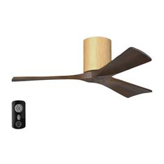 a ceiling fan with a wooden blade and remote control next to the wall mounted light