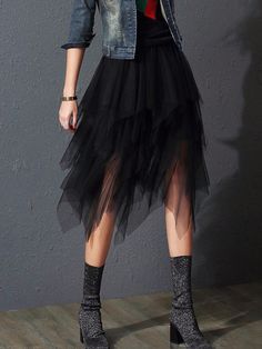 Black Casual Collar  Fabric Plain Asymmetrical Embellished Non-Stretch  Women Clothing Layered Tulle Skirt Midi, Tulle Skirt For Older Women, Luxury Midi Length Tulle Skirt Dress, Tulle Skirt Pattern Long, Tulle Skirts For Older Women, Womens Tulle Skirt, Tule Rok, Gonna In Tulle, Tiered Tulle Skirt