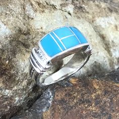 David Rosales Arizona Blue Inlaid Sterling Silver Ring Modern Blue Multi-stone Jewelry, Fine Jewelry Ring With Inlay As A Gift, Fine Jewelry Ring With Inlay For Gift, Fine Jewelry Ring With Inlay Perfect As A Gift, Blue Multi-stone Opal Ring Fine Jewelry, Blue Polished Enamel Ring, Blue Enamel Polished Round Ring, Blue Enamel Ring With Gemstone, Blue Enamel Ring With Polished Finish