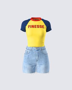 Nothing beats a casual slay 🙌 Featuring a yellow graphic jersey top and a pair of blue denim cutoff shorts, this effortless two-piece set is the perfect everyday it-girl look 💛 Yellow Short Sleeve Summer Top, Casual Jean Shorts With Letter Print For Summer, Yellow Short Tops For Summer, Sporty Cotton Jean Shorts For Summer, Sporty Denim Jean Shorts For Summer, Blue Graphic Print Short Tops, Summer Graphic Print Short Length Tops, 90s Inspired Crop Top For Summer Streetwear, Casual Short Length Graphic Print Tops