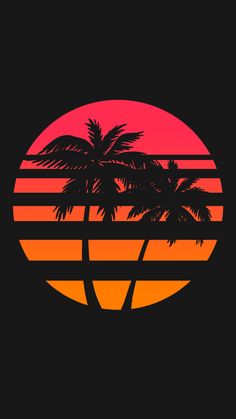 a sunset with two palm trees in the foreground and an orange sun behind it