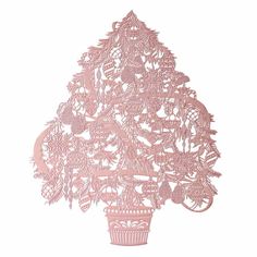 a pink paper cut out of a christmas tree with ornaments on the top and bottom