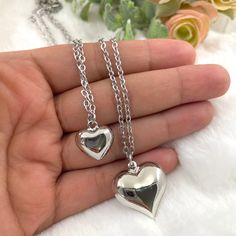 This delicate white gold plated heart necklace is a mindfulness gift, it's perfect as an anniversary gift or as a girlfriend gift well. Delicate Valentine's Day gift for her. You will look adorable wearing this delicate puffy heart necklace. The cute necklace you'll never want to take off. Perfect as a layering necklace. ♥ ITEM DETAILS: Total Length: 14 - 16 - 18 - 20 inches. The length of the necklace refers to the total length from end to end. #1 Pendant height: Approx. 1.50 mm.      Pendant w Heart Charm Jewelry For Best Friend Gift, Heart Charm Double Heart Necklace For Best Friend, Double Heart Charm Necklace For Best Friend, Heart Pendant Charm Necklace For Best Friend Gift, Heart Shaped Charm Necklaces For Best Friend, Heart-shaped Charm Necklaces For Best Friend, Heart Pendant Jewelry For Best Friend Gift, Sterling Silver Heart Charm Necklace For Best Friend, Heart Charm Necklace For Best Friend