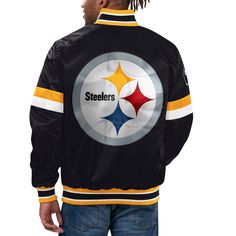 Take your Pittsburgh Steelers game day look to new heights this season with this Home Game Starter jacket. It features unmistakable team graphics and the Varsity construction provides a timeless satin finish to your look. The warmth, comfort and style of this extra layer makes for a versatile piece of gear that any Pittsburgh Steelers fan needs in their closet Rib-knit collar, cuffs and bottom hem Machine wash, tumble dry low Full Snap Long sleeve Material: 100% Polyester Imported Midweight jack Team-colored Outerwear With Team Name For Sports Season, Black Outerwear For Game Day, Varsity Jacket With Team Name For Game Day, Team-colored Outerwear With Team Name For Game Day, Team-colored Collegiate Outerwear For Sports Events, Team-colored Long Sleeve Varsity Jacket With Team Name, Game Day Long Sleeve Varsity Jacket With Team Name, Game Day Varsity Jacket With Team Name, Black Varsity Jacket For Game Day In Winter