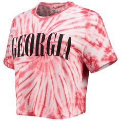 Celebrate your unwavering Georgia Bulldogs spirit with the Pressbox Women's Red Georgia Bulldogs Showtime Tie-Dye Crop T-Shirt. This cropped tee features a vibrant tie-dye pattern that will make you stand out at the stadium or on the streets. The rounded hem adds a touch of style, while the cotton and polyester blend ensures comfort and durability. Show your Georgia Bulldogs pride with this unique and eye-catching T-shirt. Short sleeve Screen print graphics Officially licensed Tie-dye pattern wi Collegiate Red Summer Tops, Red T-shirt For College Summer Events, Red T-shirt For College Summer, Red Summer T-shirt For College, Red Sublimation Print Top For College, Sporty Tie-dye Cotton T-shirt, Collegiate Pink Short Sleeve Tops, Pink Collegiate Cotton Tops, Sporty Tie-dye T-shirt With Crew Neck