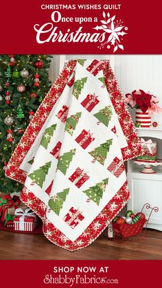 Delight in the warmth of the holiday season with the Christmas Wishes Quilt, an enchanting design by Margot Languedoc and recolored by Shabby Fabrics using the darling Once Upon a Christmas collection from Moda Fabrics. This festive quilt showcases rows of charming Christmas trees, as if freshly plucked from a winter wonderland, standing beside intricately wrapped presents. Framed with a vibrant poinsettia border, this quilt captures the essence of holiday magic and cheer.