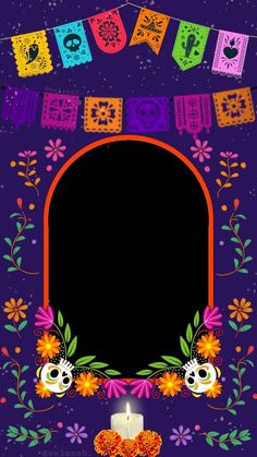 an image of a mexican day of the dead frame with candles and flowers on it