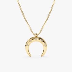 Embrace the magic of the moonlight with this captivating Diamond Star-Studded Crescent Horn Necklace. A crescent moon shimmers in gleaming gold (available in yellow, white, or rose gold), adorned with a scattering of sparkling diamonds that twinkle like stars. - Handmade - Solid Gold - Natural Diamonds - Dimensions of Horn: 13.5 x 13.5 mm - Total Diamond Carat Weight: 0.03 ctw 🛠 Your Sarah Elise piece is handcrafted with care! Ready-to-ship items go out within 3 business days. Made-to-order pie Memory Ring, Crescent Moon Necklace Gold, Symbol Of Luck, Accessories Necklaces, Crescent Necklace, Horn Necklace, Necklace Layering, Crescent Moon Necklace, Beautiful Gift Wrapping