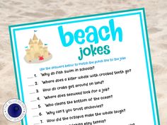 a beach joke board with an image of a sand castle and the words beach jokes on it