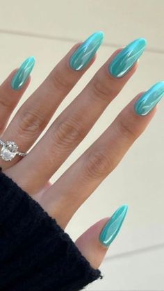 Nails 2023 Trends Turquoise, Tiffany Blue Nails Chrome, Tiffany Glazed Nails, Teal Glazed Nails, Tiffany Chrome Nails, Summer 23’ Nails, Aqua Jelly Nails, Neon Chrome Nails Hailey Bieber, Turquoise Blue Chrome Nails