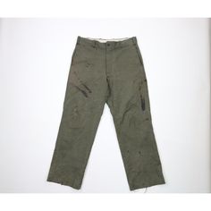 Vintage 60s Streetwear Mens 32x29 Thrashed Cotton Twill Wide Leg Work Pants USA Mens Pants Thrashed. Holes on the front and back. Rip on the right hand pocket. Missing back pocket button. Stains throughout. Inseam hemmed. Mended crotch. Cuffs are distressed. USA made Mens size 32 (no tag, check measurements) Measurements are: 16 inches across the waist laid flat 29 inch inseam 39 inches from top to bottom 9.5 inch leg open Green Cotton US Shipping is FREE, Canada is $15 and International is $24 Vintage Cotton Work Pants With Patch Pockets, Vintage Cotton Cargo Pants With Patch Pockets, Vintage Cotton Work Pants With Pockets, Vintage Work Pants With Patch Pockets, Vintage Straight Leg Pants With Patch Pockets, Vintage Green Work Pants With Pockets, Vintage Cotton Work Pants, Vintage Green Cotton Work Pants, Vintage Cotton Cargo Pants With Welt Pockets