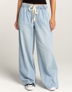 RSQ Womens Mid Rise Tie Front Denim Wide Leg Jeans - LIGHT WASH | Tillys Relaxed Fit Jeans With Elastic Waistband For Day Out, Casual High Rise Jeans For Vacation, Casual Jeans For Spring Vacation, Medium Wash Denim Vacation Bottoms, Medium Wash Relaxed Fit Bottoms For Vacation, Relaxed Fit Medium Wash Bottoms For Vacation, Summer Washed Blue Jeans With Elastic Waistband, Vacation Denim Bottoms In Medium Wash, Summer Jeans With Elastic Waistband In Washed Blue