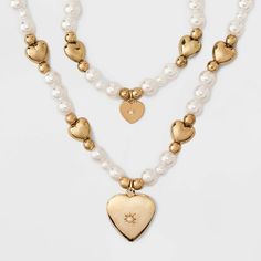 Cute Gold Beaded Necklace, Cute Gold Beaded Necklaces, Cute Gold Pearl Jewelry, Classic Pearl Necklace, Target Gifts, Bracelet And Necklace, Pearl Heart, Target Finds, Heart Pendant Gold