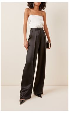 Wide Satin Pants Outfit, Aritzia Trousers Outfit, Black Satin Trousers Outfit, Satin Camisole Outfit, Silk Trousers Outfit, Party Outfit Pants, Satin Trousers Outfit, Minimal Pants, Silk Pants Outfit