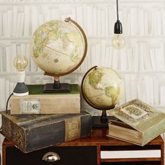 a desk with books and a globe on it